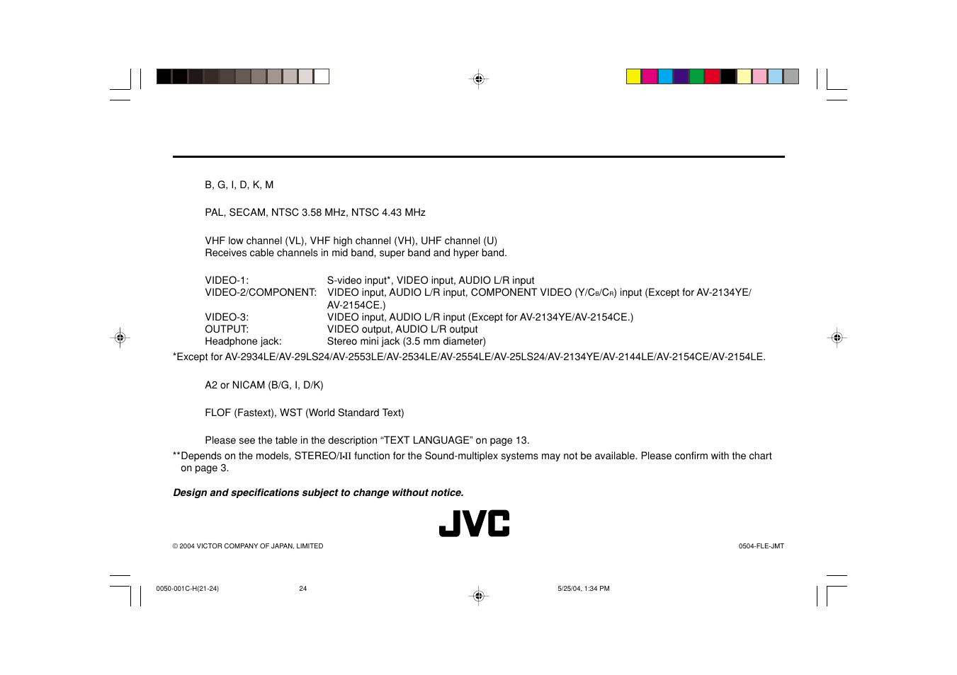 Specifications | JVC AV-2934LE User Manual | Page 24 / 24