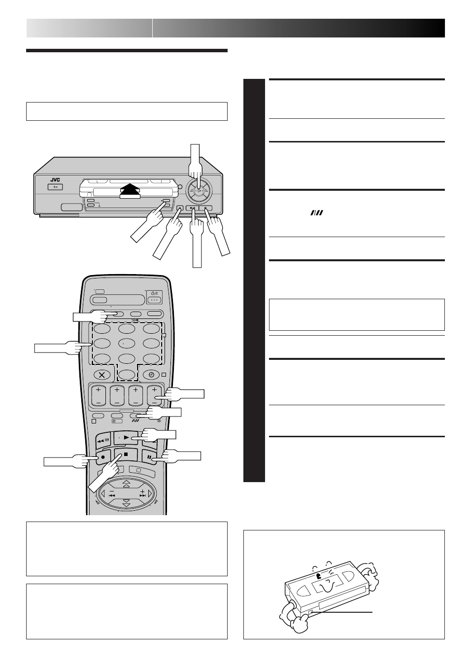 Recording, Load a cassette, Choose a programme | Set tape speed, Start recording, Pause/resume recording, Stop recording, Basic operations (cont.) | JVC HR-J260EK User Manual | Page 10 / 48