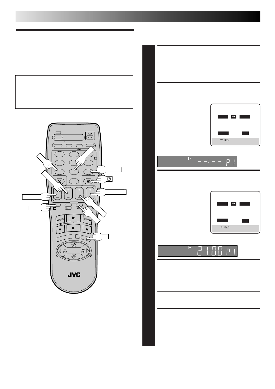 Express timer programming, Access video plus+ screen, Access programme screen | Enter programme start time, Enter programme stop time, Enter programme date, Basic operations (cont.) | JVC HR-J260EK User Manual | Page 14 / 48