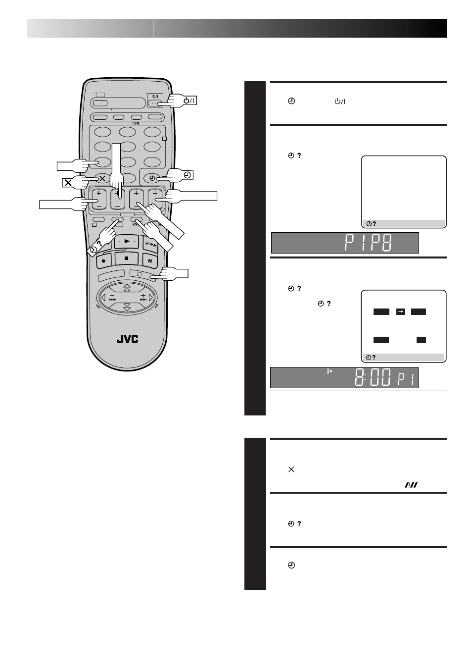 Basic operations (cont.), Check, cancel and replace programmes, Disengage timer mode | Access programme check screen/display, Access programme screen/display, Cancel or replace a programme, Return to normal screen/ display, Return to timer mode | JVC HR-J260EK User Manual | Page 16 / 48