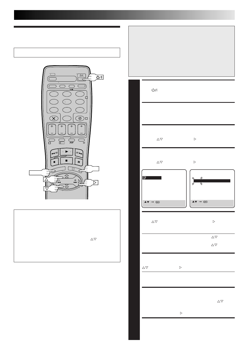 Clock set, Turn the recorder on, Access main menu screen | Access initial set screen, Access clock set screen, Set date and time, Set just clock, Set clock data source preset, Start clock operation | JVC HR-J260EK User Manual | Page 37 / 48