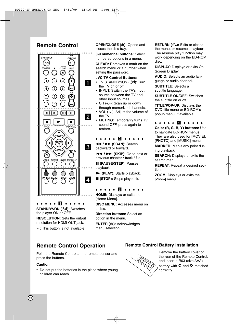 Ab c d, Remote control, Remote control operation | Remote control battery installation | JVC LVT2101-001A User Manual | Page 12 / 36