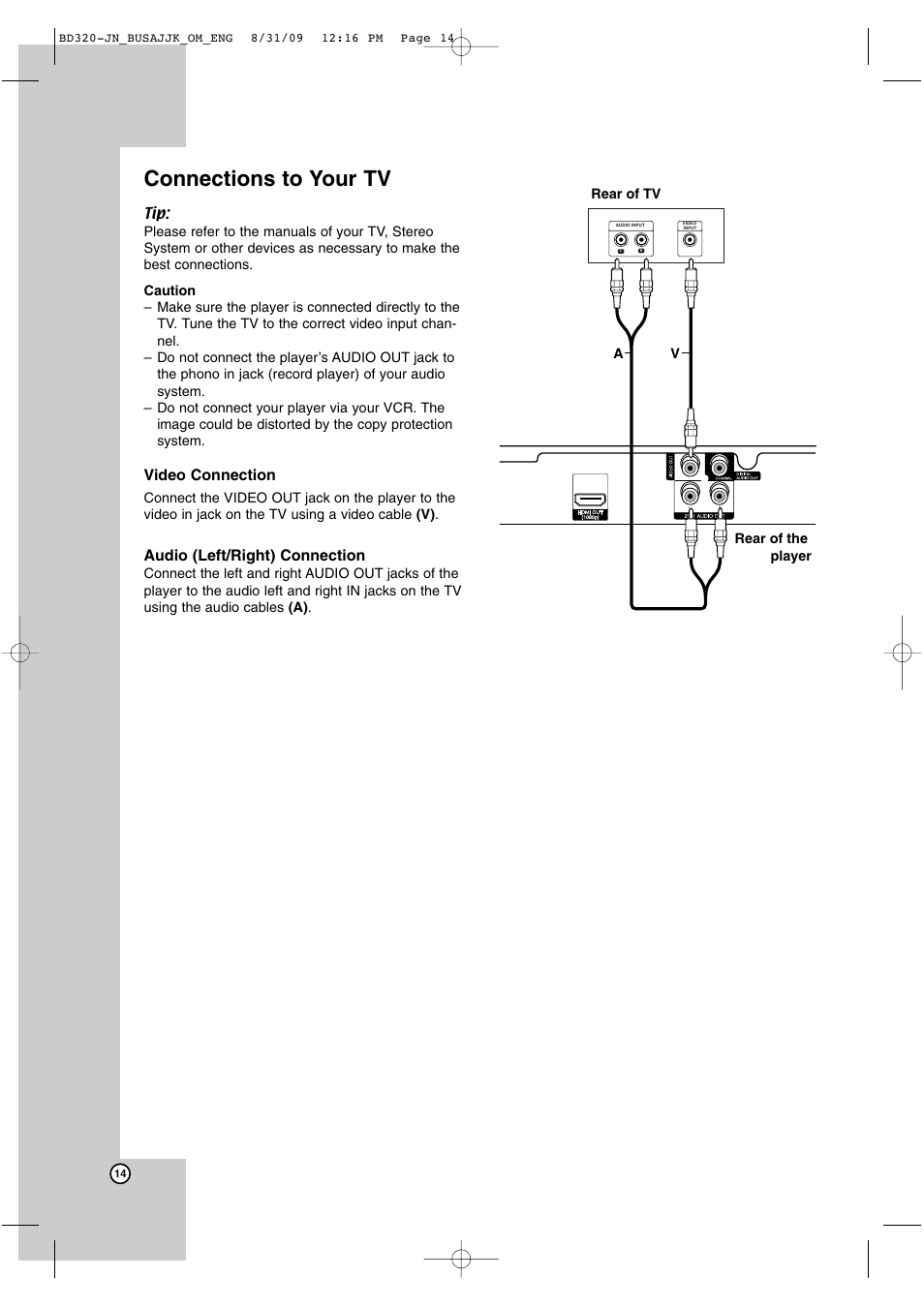 Connections to your tv, Video connection, Audio (left/right) connection | JVC LVT2101-001A User Manual | Page 14 / 36