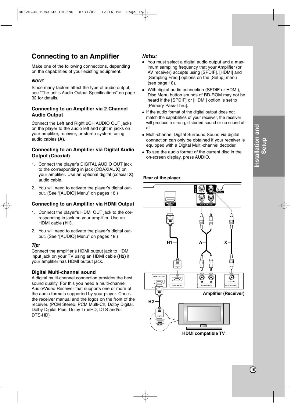 Connecting to an amplifier, Installation and setup | JVC LVT2101-001A User Manual | Page 15 / 36