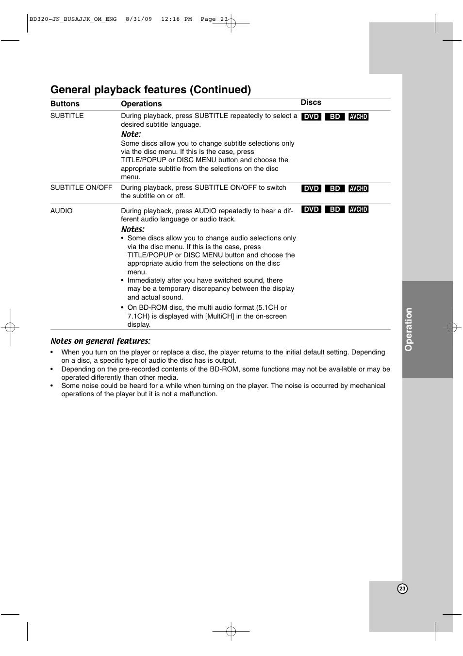 General playback features (continued), Operation | JVC LVT2101-001A User Manual | Page 23 / 36