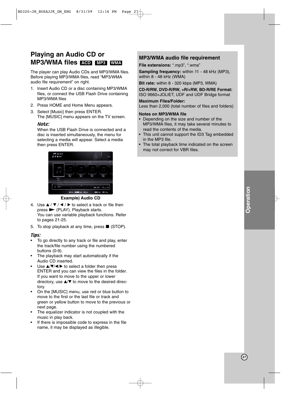 Playing an audio cd or mp3/wma files, Operation | JVC LVT2101-001A User Manual | Page 27 / 36