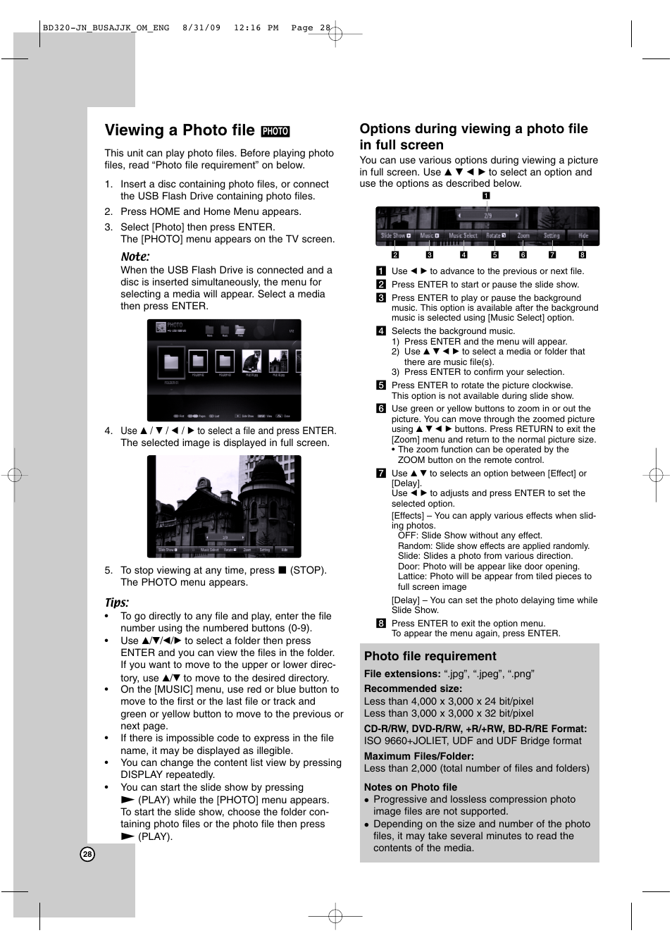 Viewing a photo file, Options during viewing a photo file in full screen, Photo file requirement | JVC LVT2101-001A User Manual | Page 28 / 36