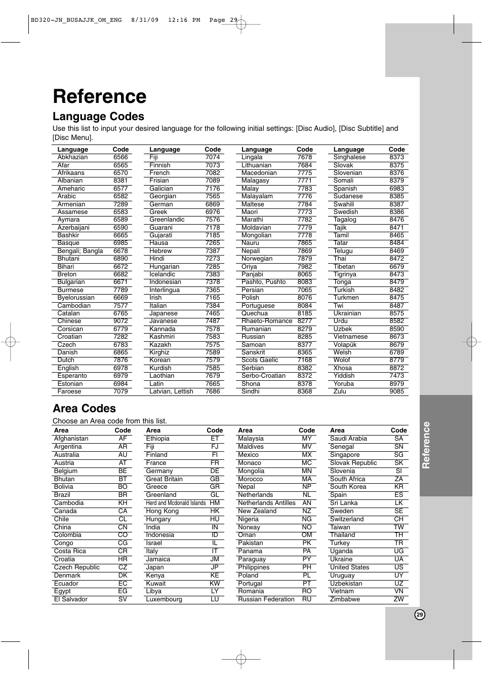 Area codes, Language codes, Reference | JVC LVT2101-001A User Manual | Page 29 / 36