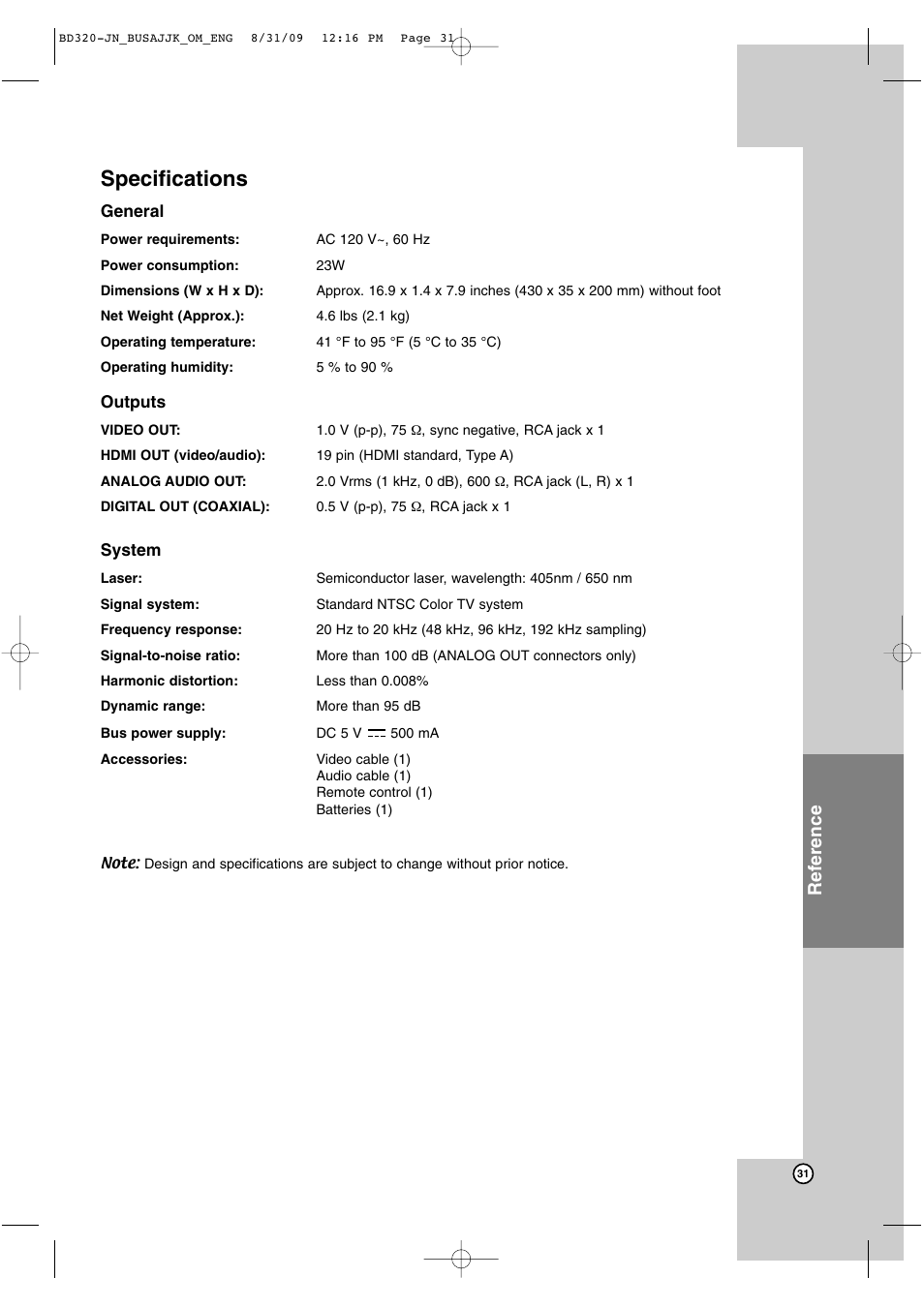 Specifications, Reference | JVC LVT2101-001A User Manual | Page 31 / 36