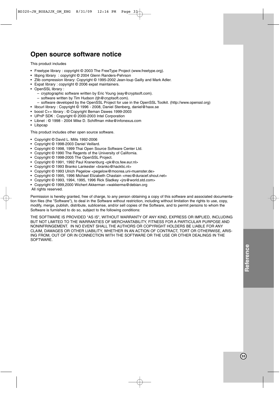 Open source software notice, Reference | JVC LVT2101-001A User Manual | Page 33 / 36