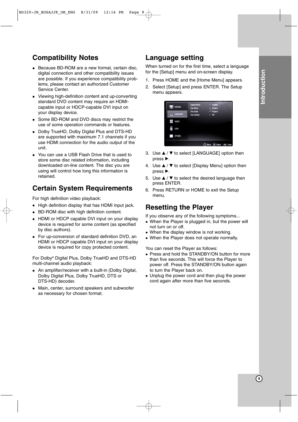 Certain system requirements, Language setting, Resetting the player | Introduction | JVC LVT2101-001A User Manual | Page 9 / 36