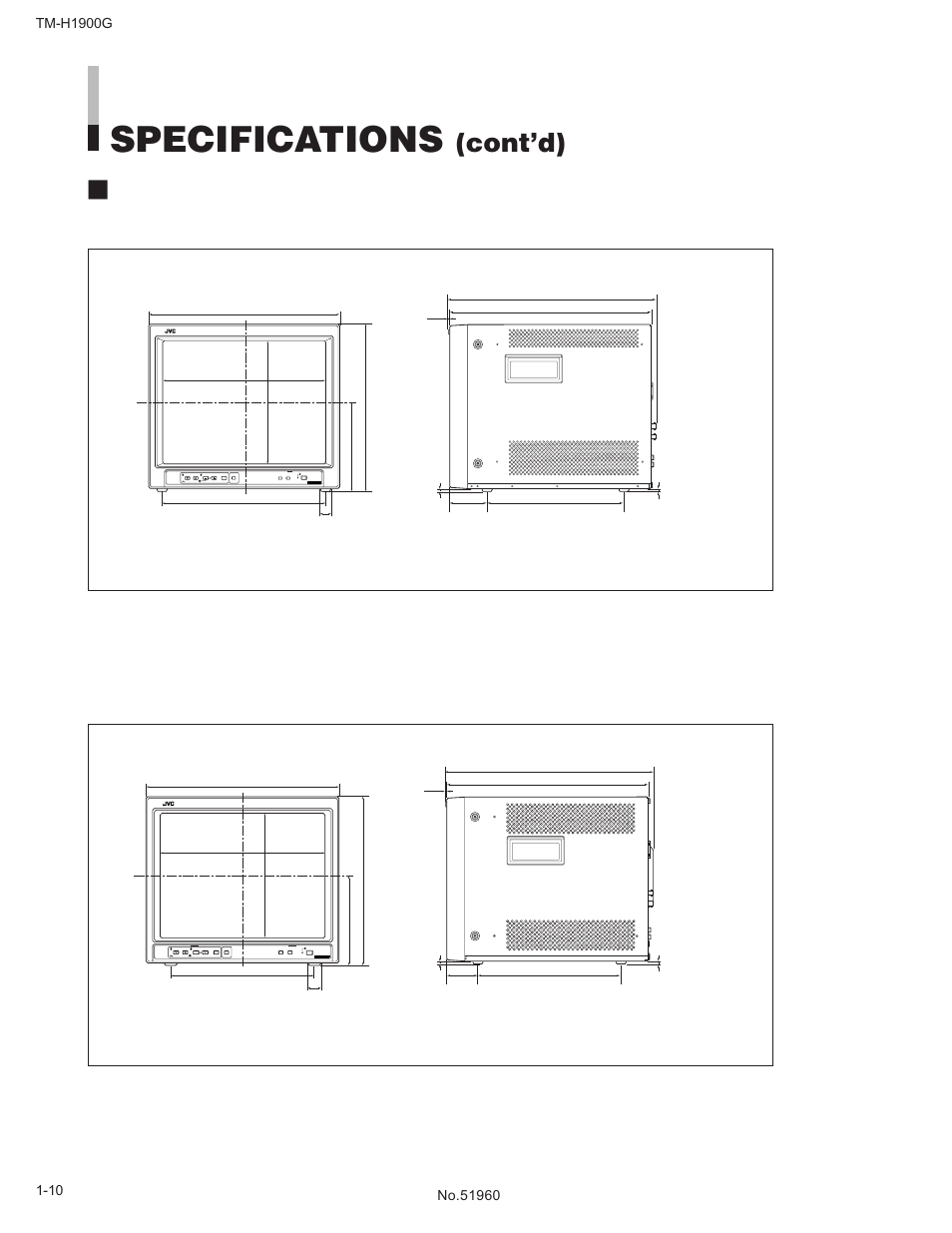 Specifications, Cont’d), Dimensions | JVC TM-H1900G User Manual | Page 10 / 12