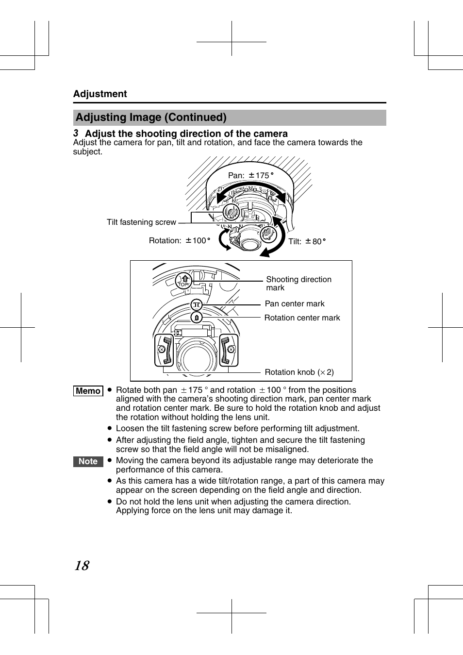 Adjusting image (continued), 3 adjust the shooting direction of the camera, Adjustment | JVC TK-C2201E User Manual | Page 18 / 28
