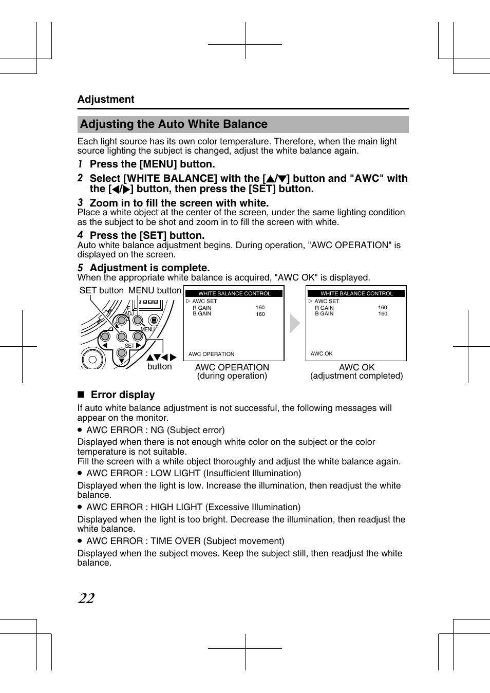 Adjusting the auto white balance, 4 press the [set] button, 5 adjustment is complete | Error display, Adjustment | JVC TK-C2201E User Manual | Page 22 / 28