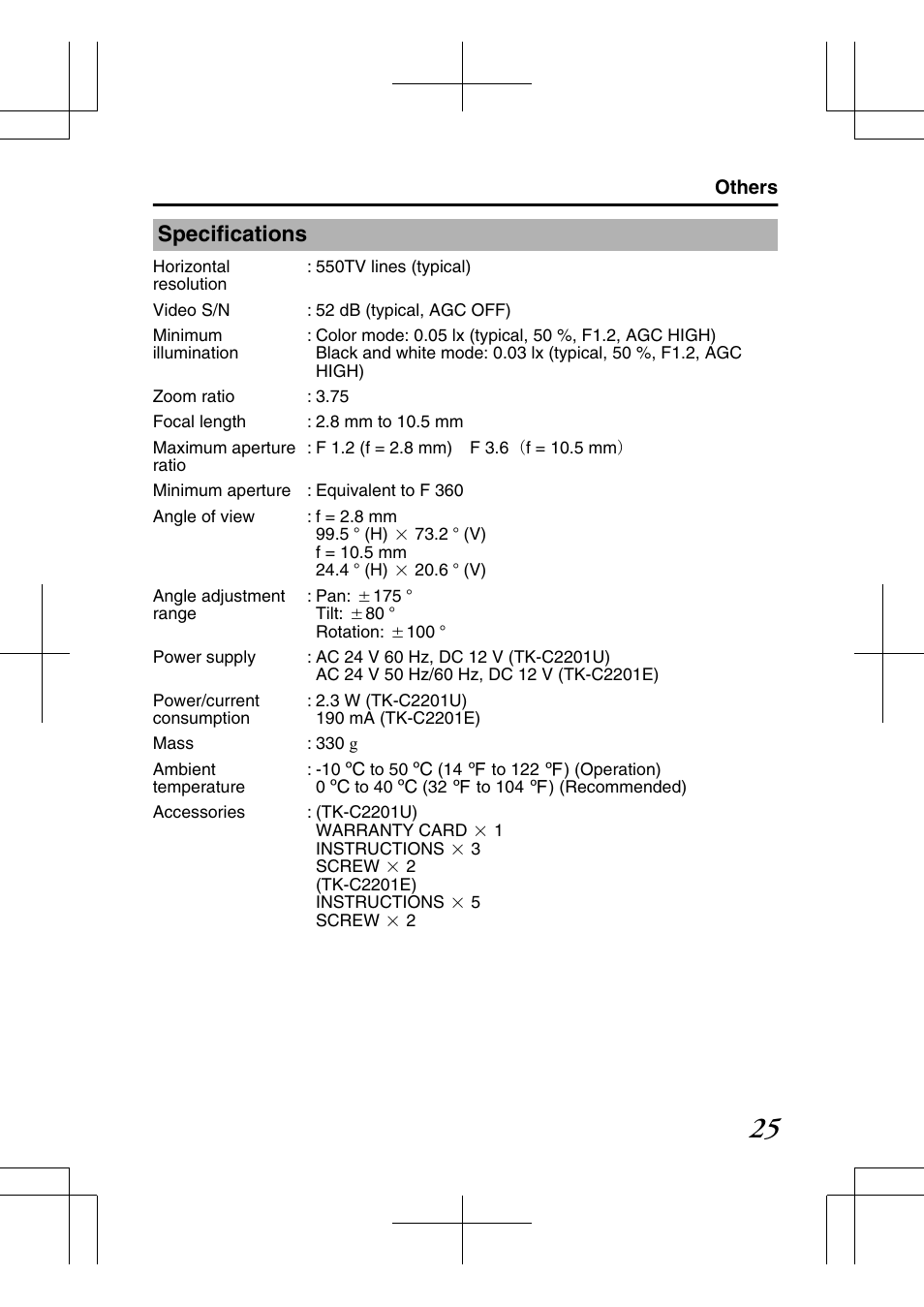 Others, Specifications | JVC TK-C2201E User Manual | Page 25 / 28