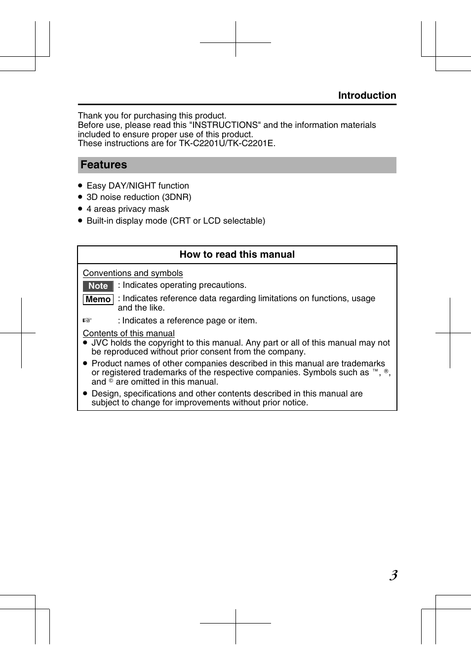 Features, How to read this manual, Introduction | JVC TK-C2201E User Manual | Page 3 / 28