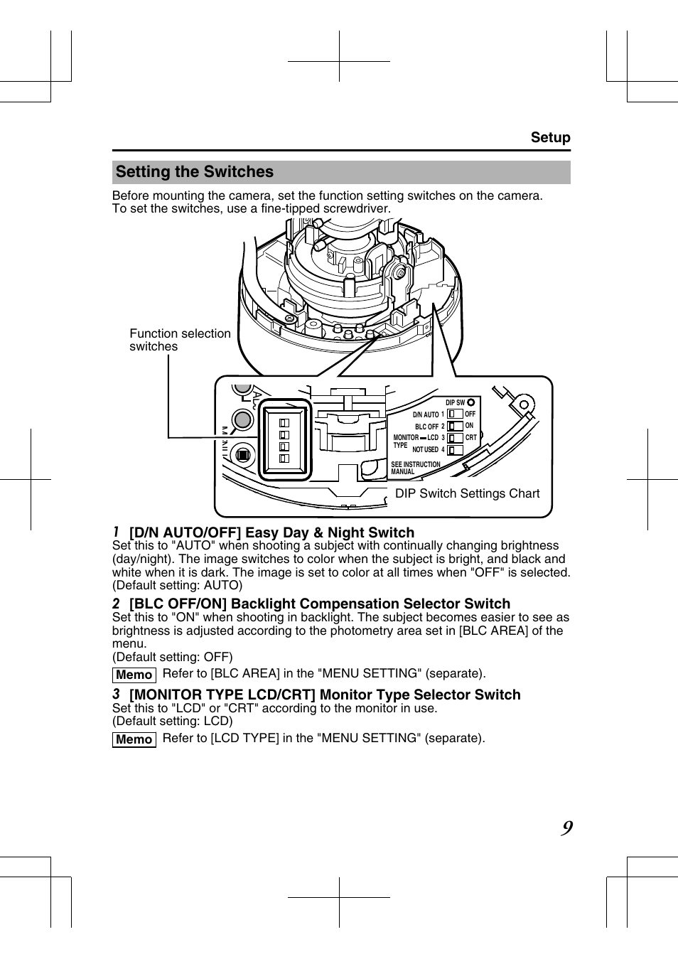 Setup, Setting the switches, 1 [d/n auto/off] easy day & night switch | JVC TK-C2201E User Manual | Page 9 / 28