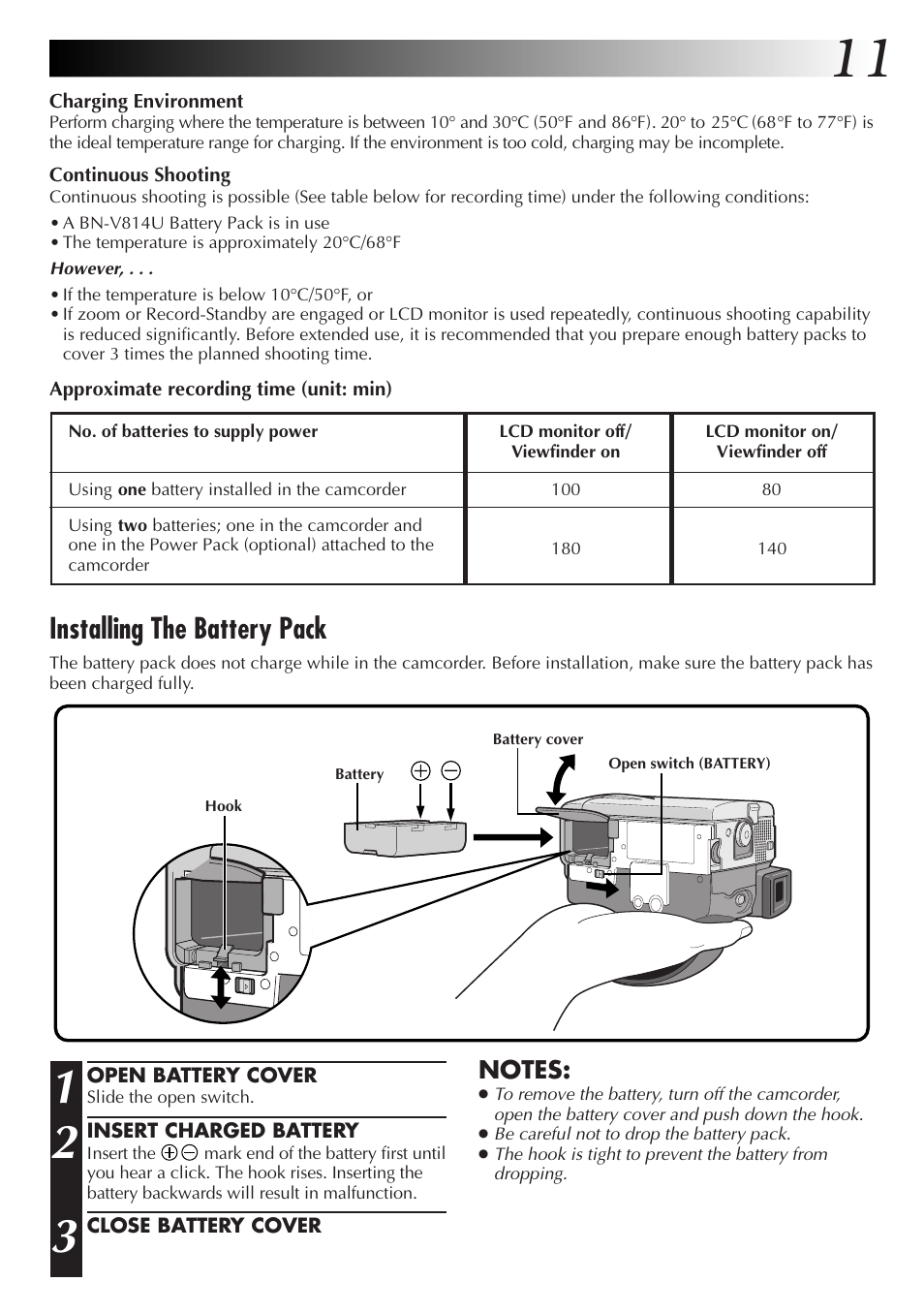 Installing the battery pack | JVC GR-DVL9000 User Manual | Page 11 / 92