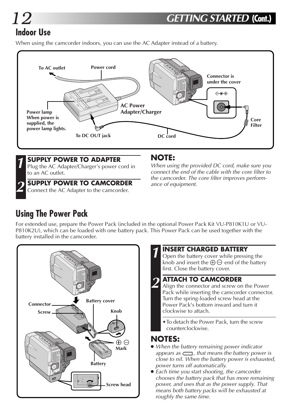 Getting started, Cont.), Indoor use | Using the power pack | JVC GR-DVL9000 User Manual | Page 12 / 92