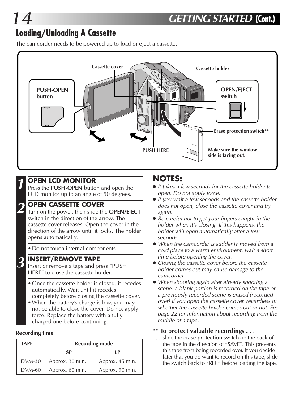 Getting started, Cont.) loading/unloading a cassette | JVC GR-DVL9000 User Manual | Page 14 / 92