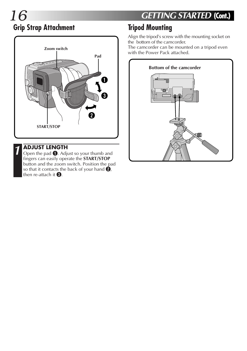 Getting started, Grip strap attachment tripod mounting, Cont.) | JVC GR-DVL9000 User Manual | Page 16 / 92