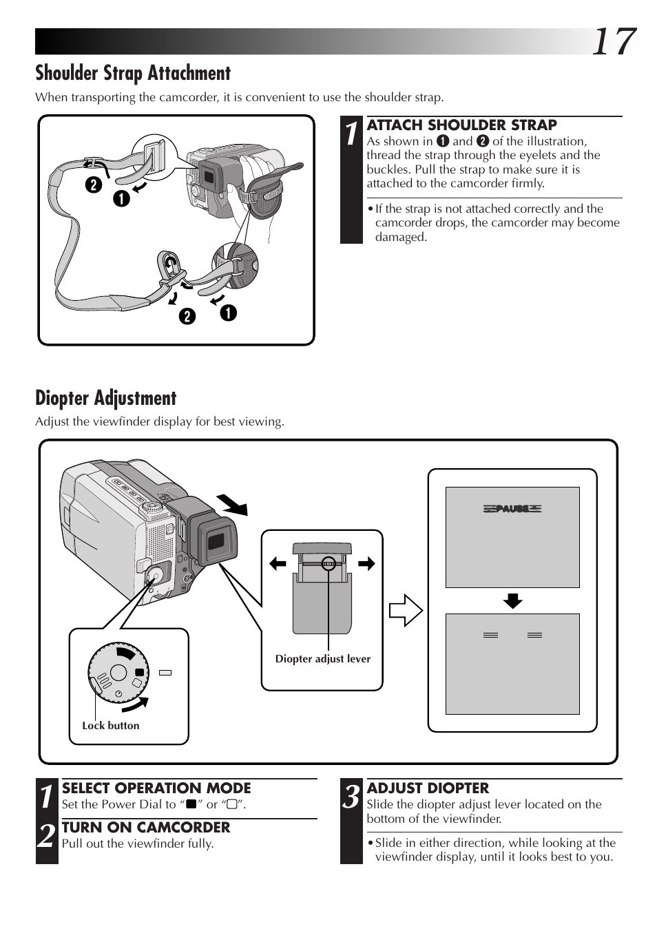 Diopter adjustment, Shoulder strap attachment | JVC GR-DVL9000 User Manual | Page 17 / 92