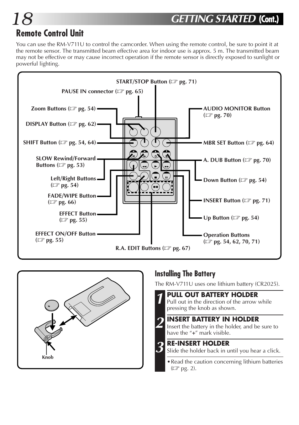 Getting started, Cont.), Remote control unit | Installing the battery | JVC GR-DVL9000 User Manual | Page 18 / 92