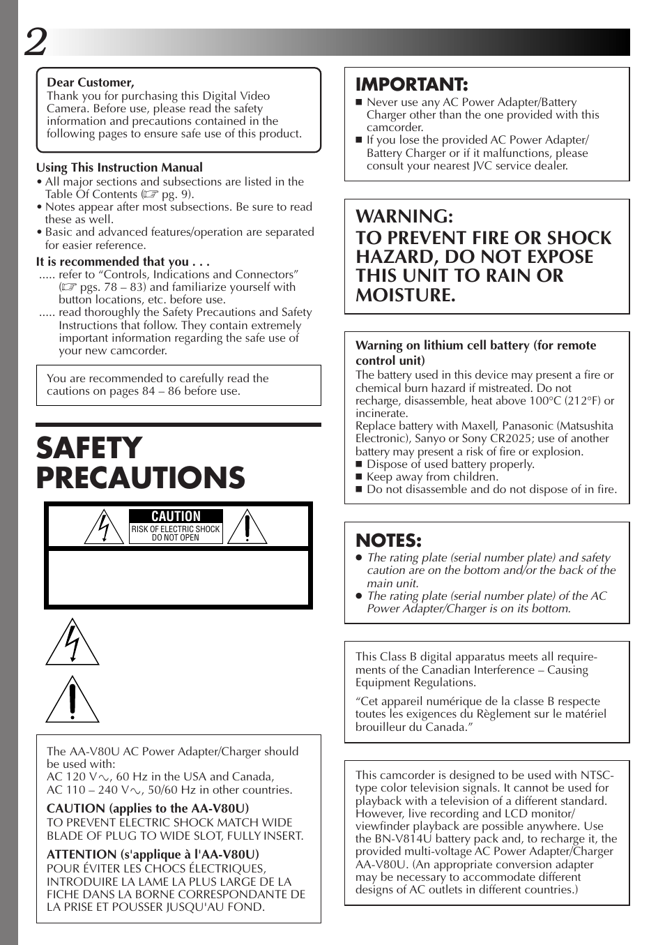 Safety precautions, Important | JVC GR-DVL9000 User Manual | Page 2 / 92