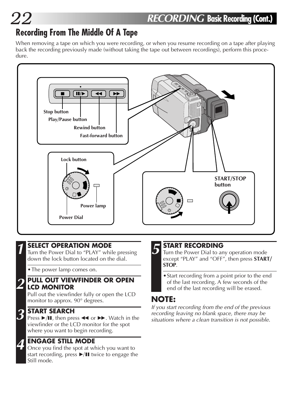 Recording, Recording from the middle of a tape, Basic recording (cont.) | JVC GR-DVL9000 User Manual | Page 22 / 92