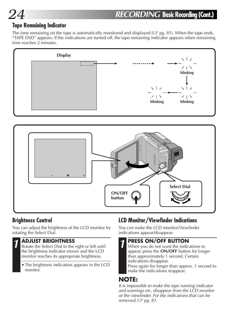 Recording, Basic recording (cont.), Lcd monitor/viewfinder indications | Brightness control, Tape remaining indicator | JVC GR-DVL9000 User Manual | Page 24 / 92