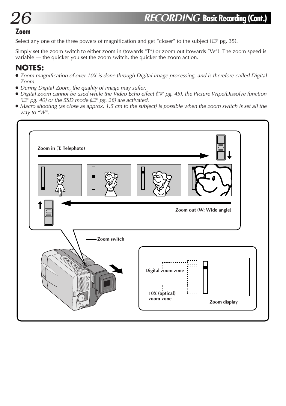 Recording, Basic recording (cont.), Zoom | JVC GR-DVL9000 User Manual | Page 26 / 92