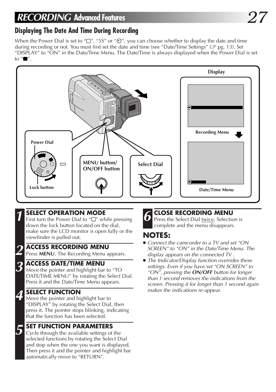Recording, Advanced features, Displaying the date and time during recording | JVC GR-DVL9000 User Manual | Page 27 / 92