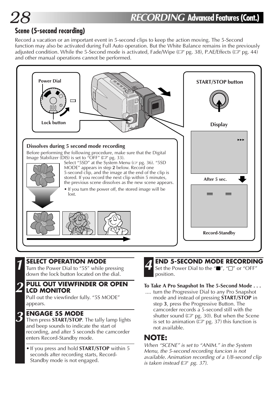 Recording, Advanced features (cont.), Scene (5-second recording) | JVC GR-DVL9000 User Manual | Page 28 / 92