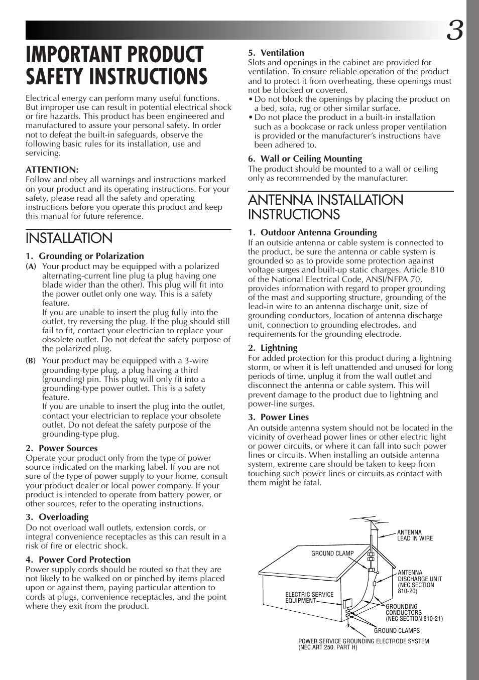 Important product safety instructions, Antenna installation instructions, Installation | JVC GR-DVL9000 User Manual | Page 3 / 92