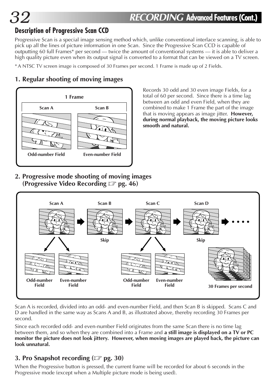 Recording, Advanced features (cont.), Description of progressive scan ccd | JVC GR-DVL9000 User Manual | Page 32 / 92