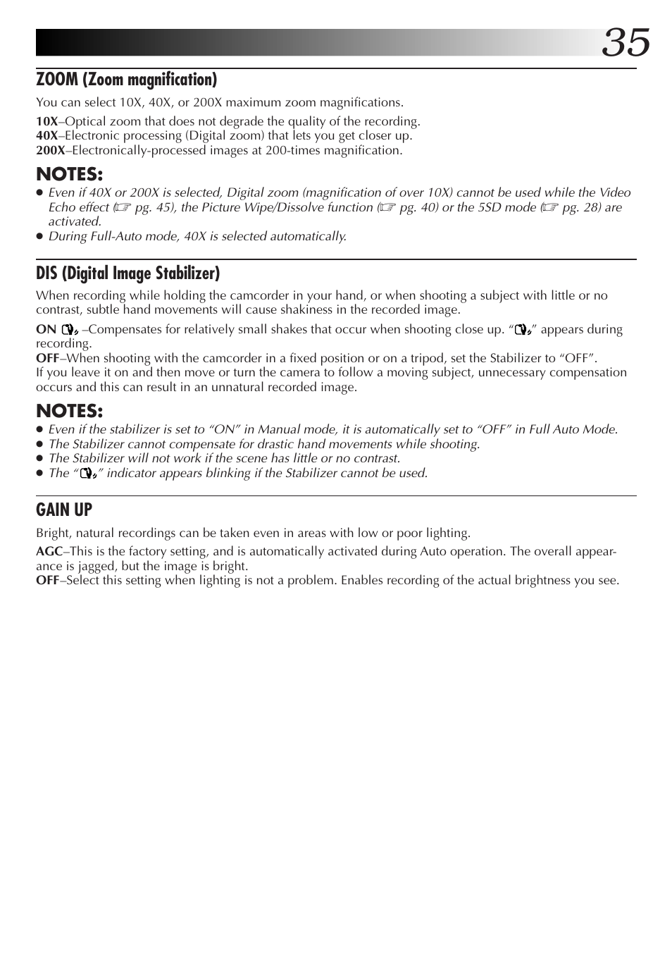 Zoom (zoom magnification), Dis (digital image stabilizer), Gain up | JVC GR-DVL9000 User Manual | Page 35 / 92