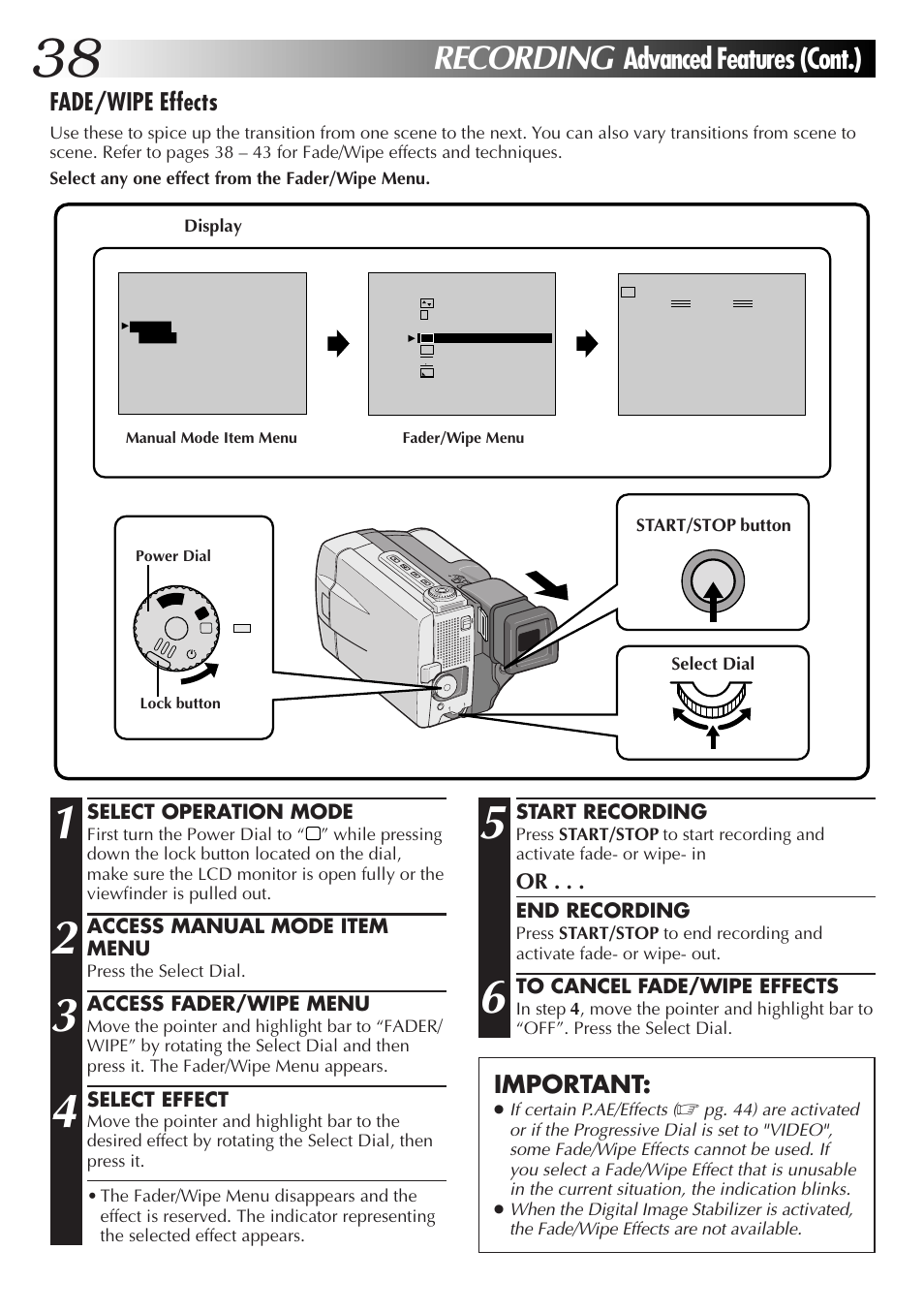 Recording, Advanced features (cont.), Fade/wipe effects | Important | JVC GR-DVL9000 User Manual | Page 38 / 92