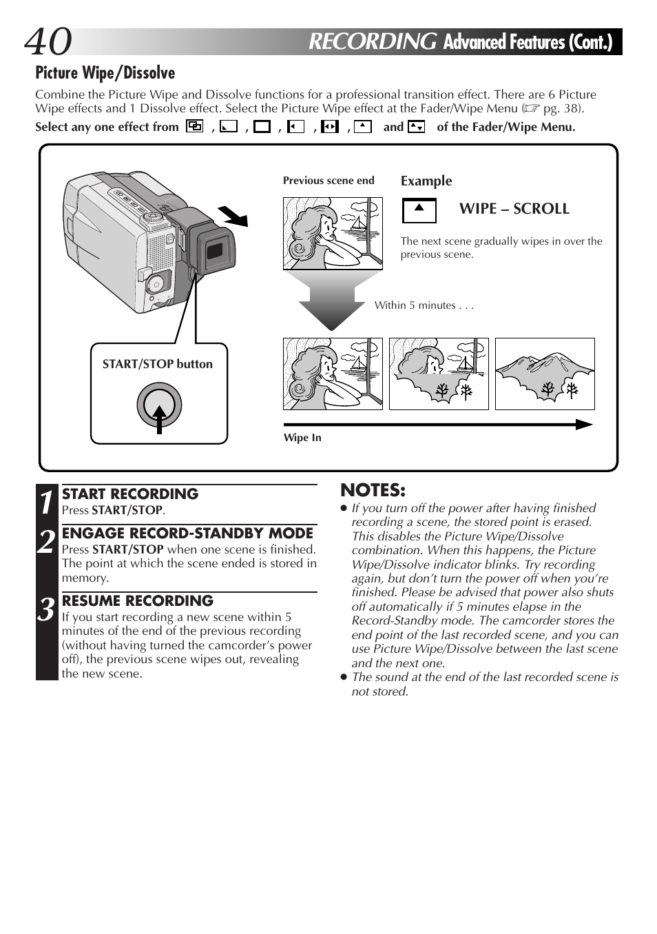 Recording, Advanced features (cont.), Picture wipe/dissolve | JVC GR-DVL9000 User Manual | Page 40 / 92