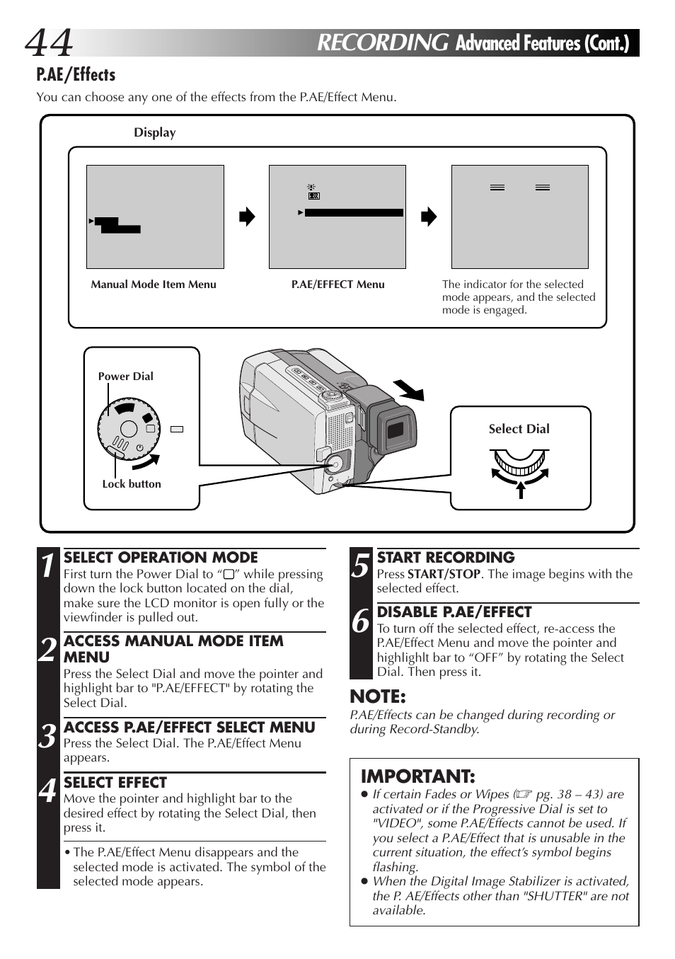 Recording, Advanced features (cont.), P.ae/effects | Important | JVC GR-DVL9000 User Manual | Page 44 / 92