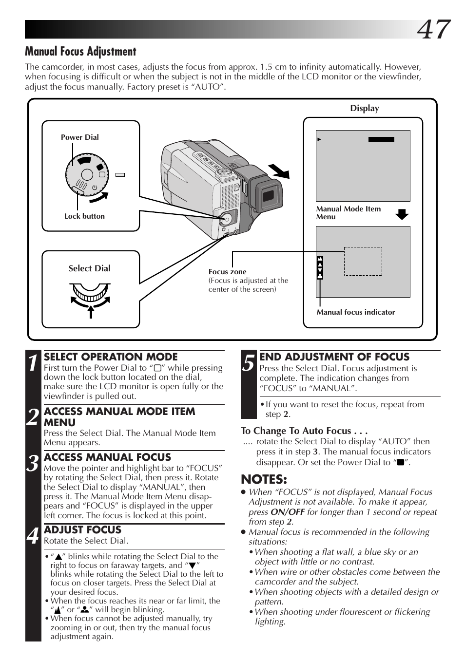 Manual focus adjustment | JVC GR-DVL9000 User Manual | Page 47 / 92