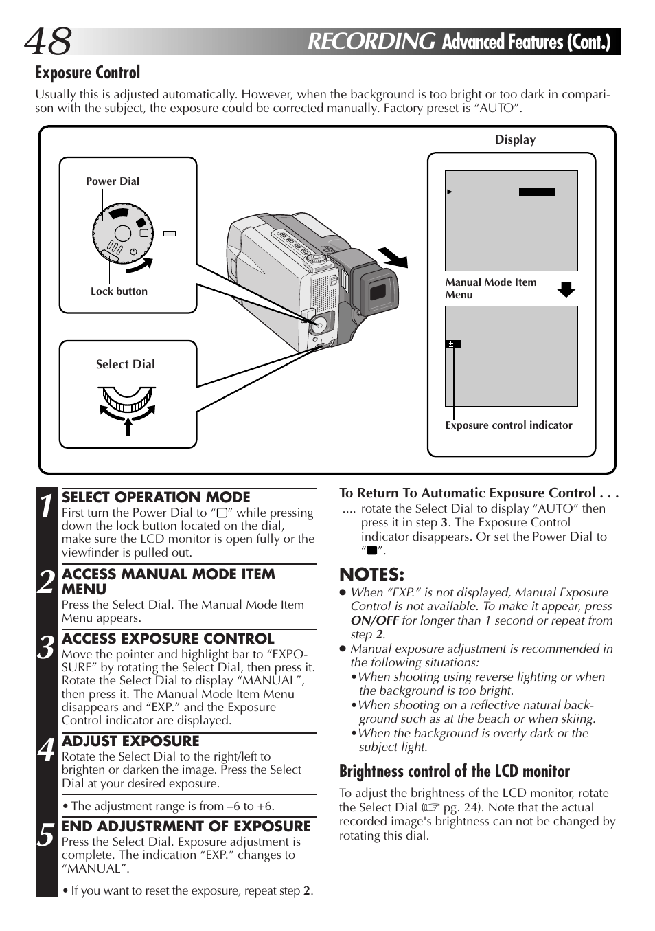 Recording, Advanced features (cont.), Exposure control | Brightness control of the lcd monitor | JVC GR-DVL9000 User Manual | Page 48 / 92