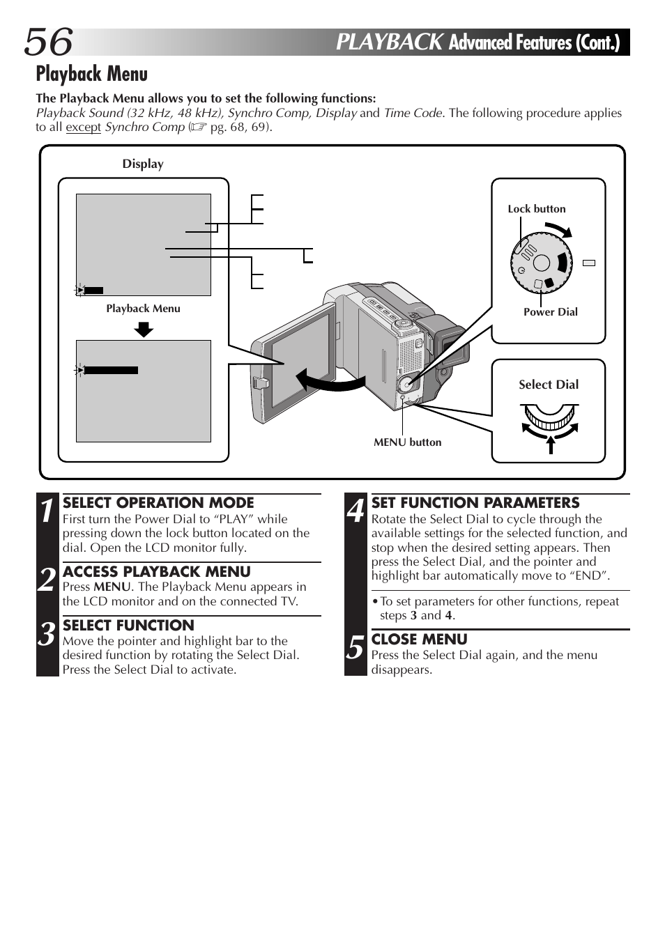 Playback, Advanced features (cont.), Playback menu | JVC GR-DVL9000 User Manual | Page 56 / 92