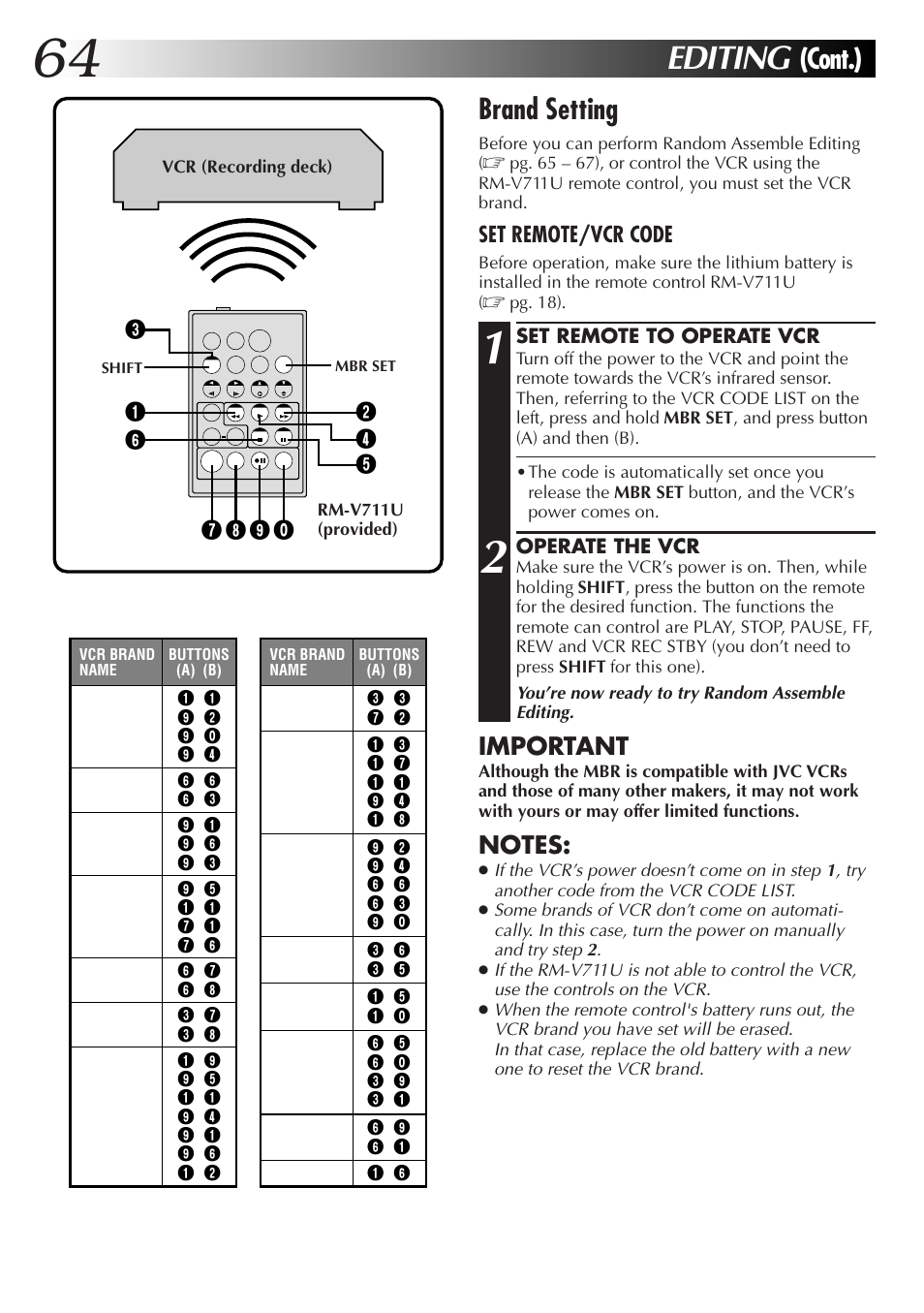 Editing, Brand setting, Cont.) | Important | JVC GR-DVL9000 User Manual | Page 64 / 92