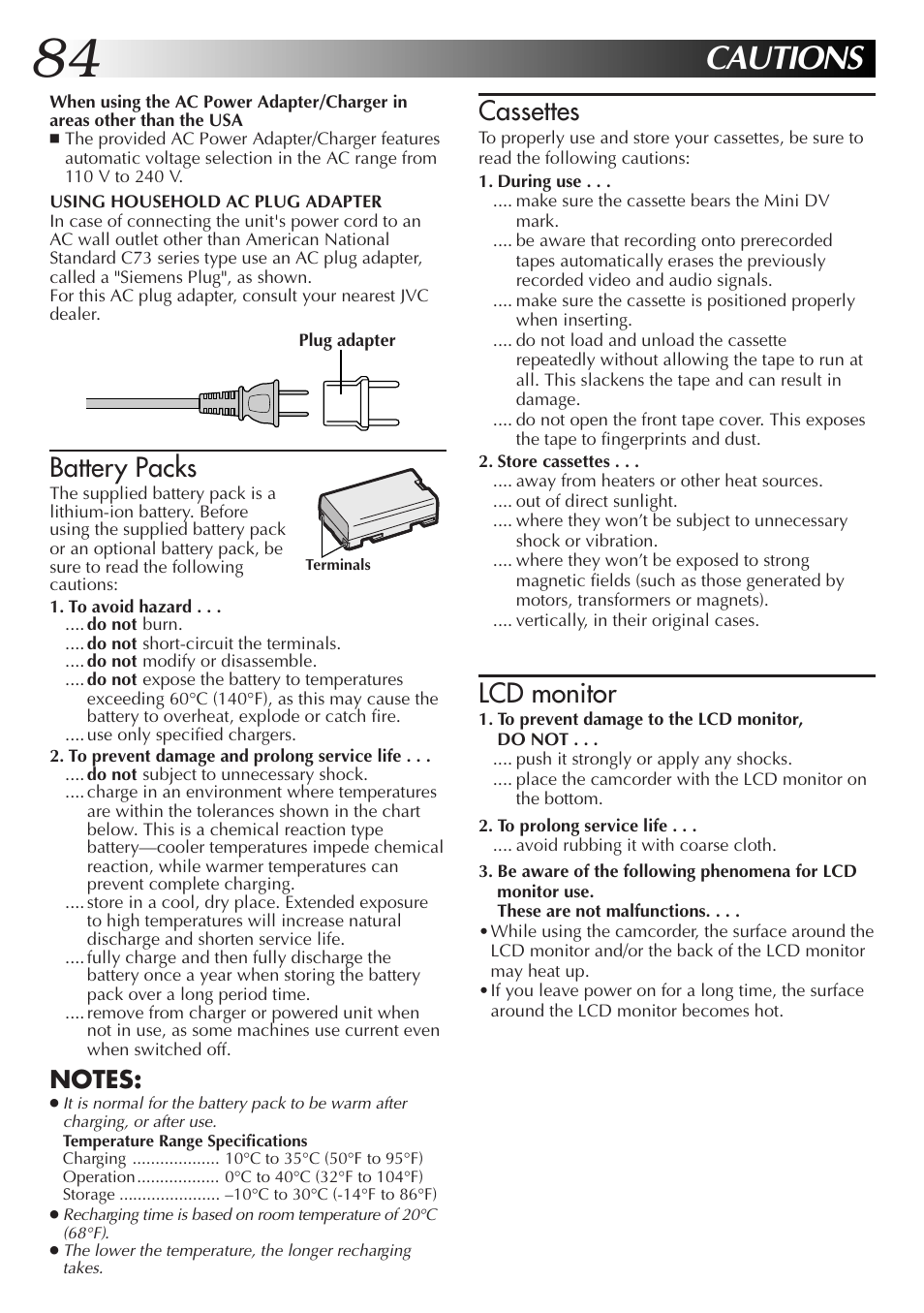 Cautions, Cassettes, Lcd monitor | Battery packs | JVC GR-DVL9000 User Manual | Page 84 / 92