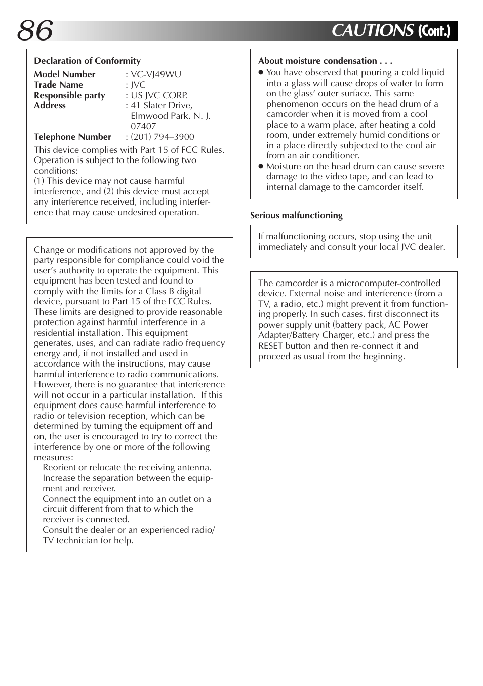 Cautions, Cont.) | JVC GR-DVL9000 User Manual | Page 86 / 92