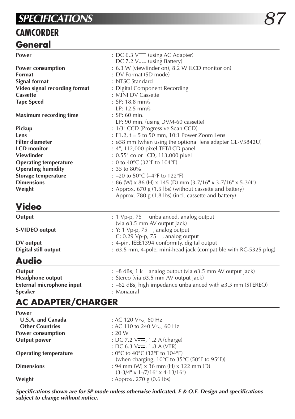 Specifications, Camcorder, General | Video, Audio, Ac adapter/charger | JVC GR-DVL9000 User Manual | Page 87 / 92