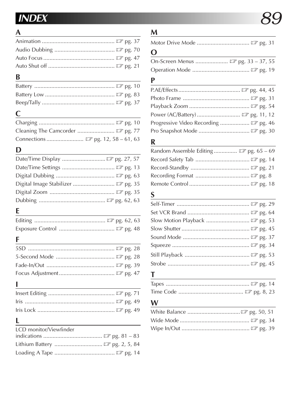 Index | JVC GR-DVL9000 User Manual | Page 89 / 92