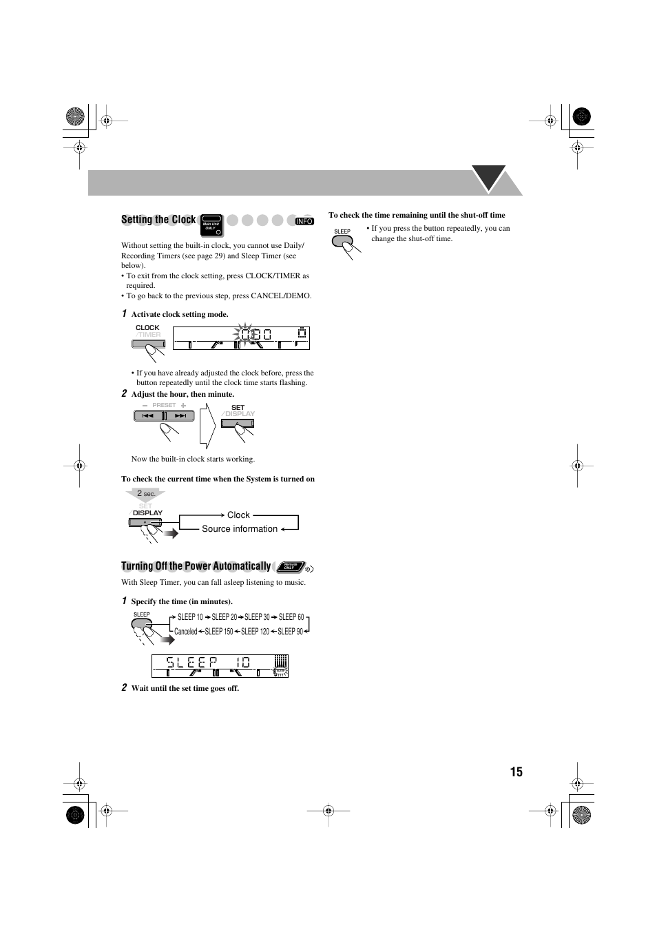 Setting the clock, Turning off the power automatically | JVC CA-MXJE3 User Manual | Page 17 / 48