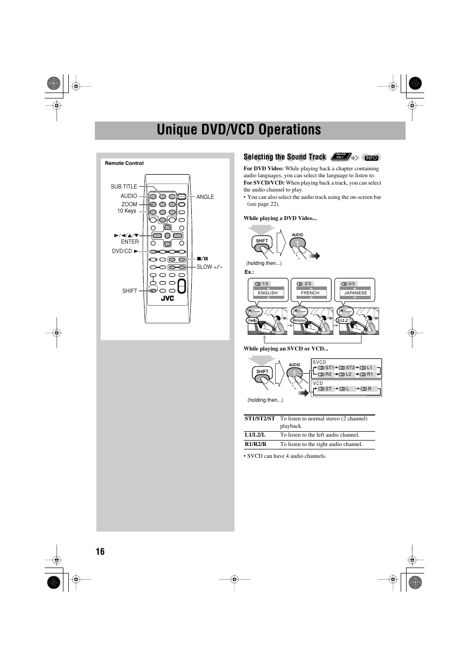 Unique dvd/vcd operations, Selecting the sound track | JVC CA-MXJE3 User Manual | Page 18 / 48