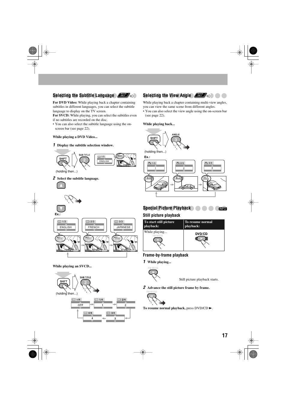 Selecting the subtitle language, Selecting the view angle, Special picture playback | Still picture playback frame-by-frame playback 1 | JVC CA-MXJE3 User Manual | Page 19 / 48